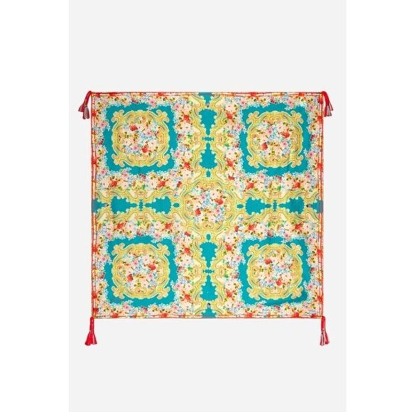 Johnny Was Rivoray Scarf Kaleidoscopic Sky Blue Flower Square Silk Tassel New - Picture 1 of 3